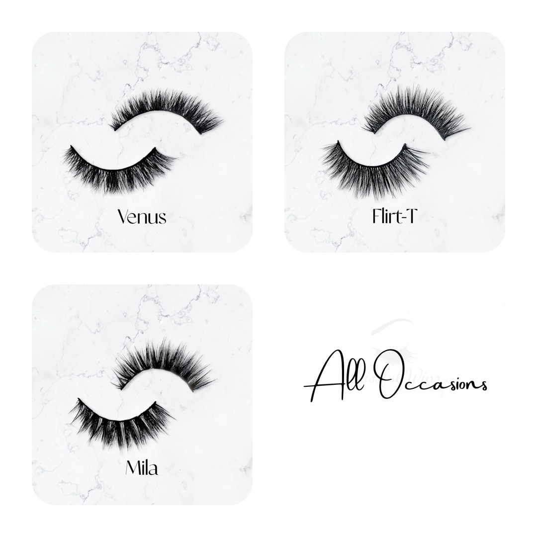 All Occassions set, Venus, Flirt-T, and Mila lash