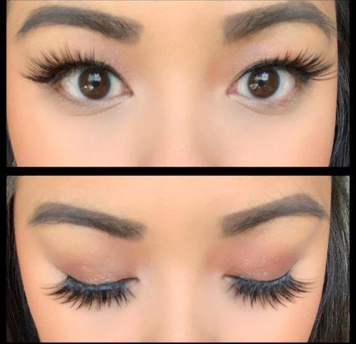 Model wear Mila silk lash. Up and down picture of eyes open and eyes closed